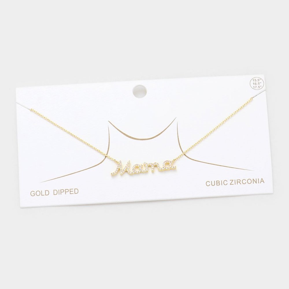 Gold Mama Script Necklace with Cubic Zirconia